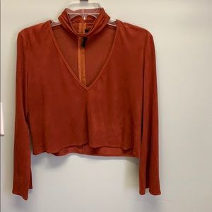 Boutique Burnt Orange Suede Cropped Cutout Shirt